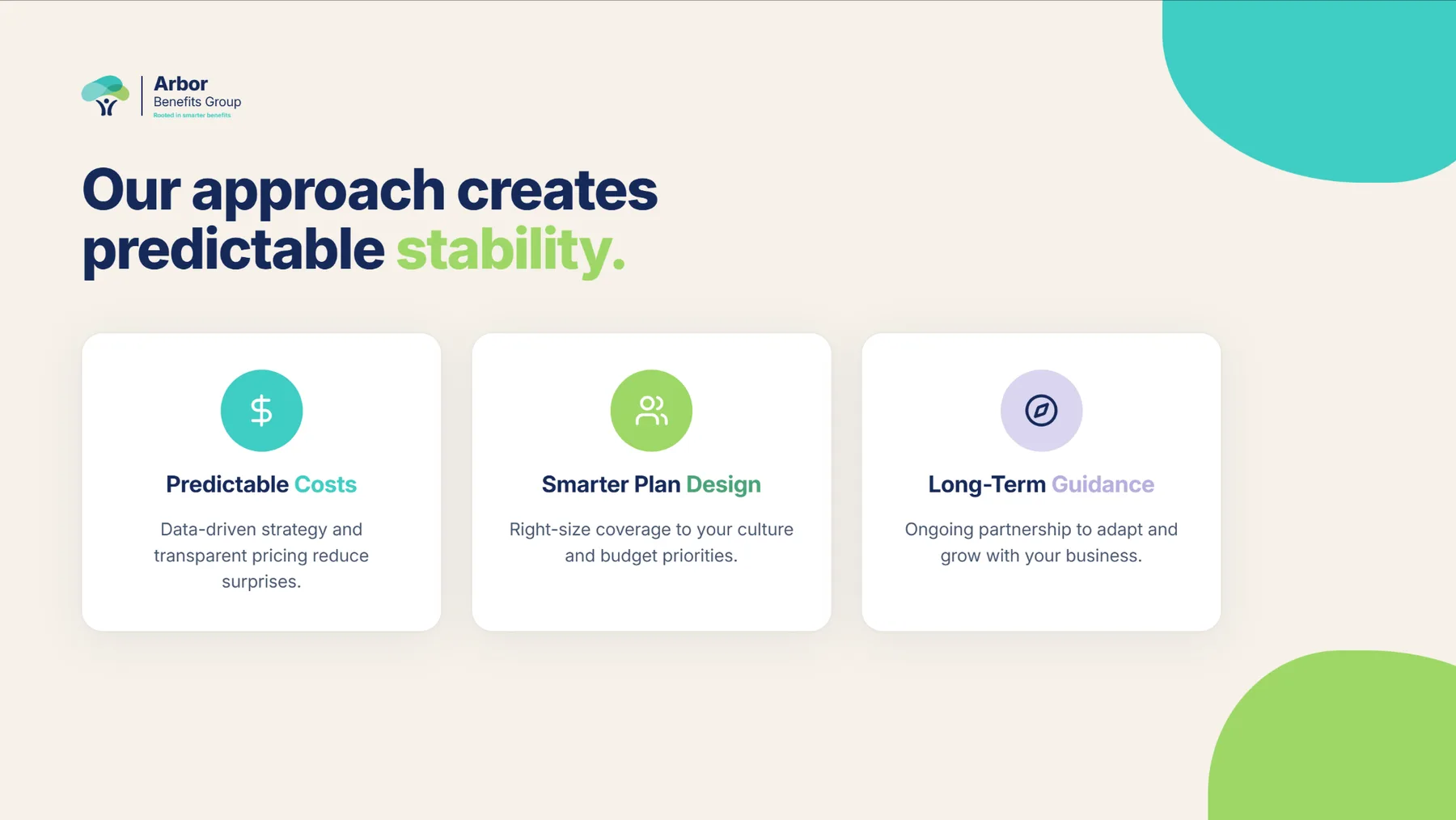 Arbor deck slide, Our approach creates predictable stability: predictable costs, smarter plan design, long-term guidance