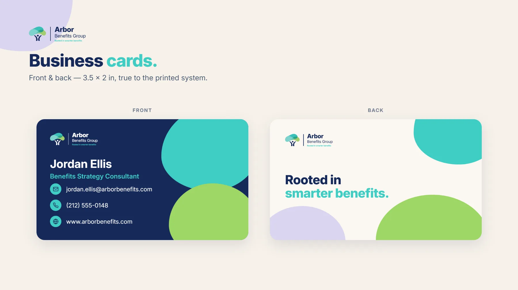 Arbor Benefits Group business cards, front and back, 3.5 by 2 inches, true to the printed system