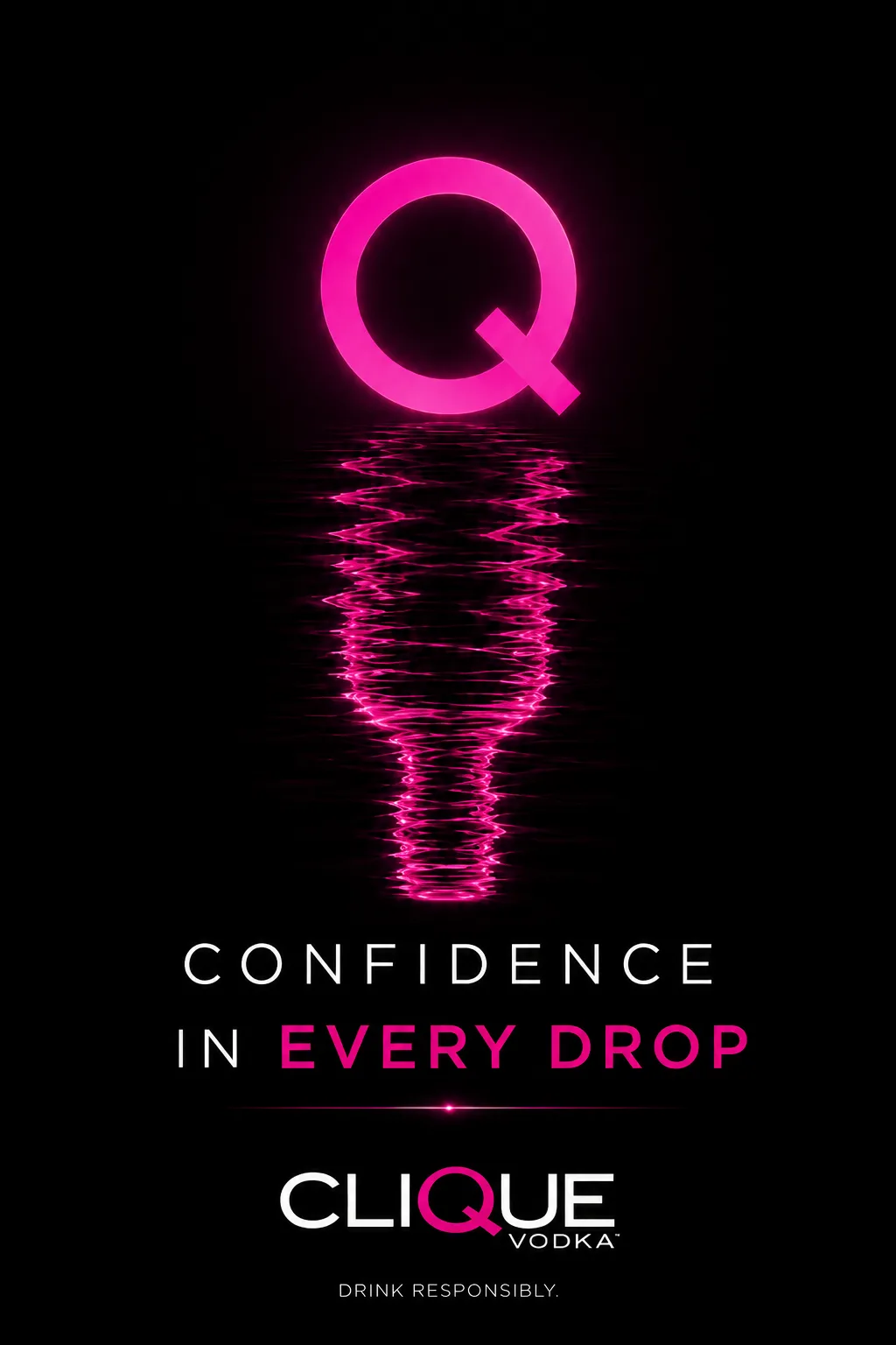 Clique Vodka, “Confidence in every drop” neon Q poster