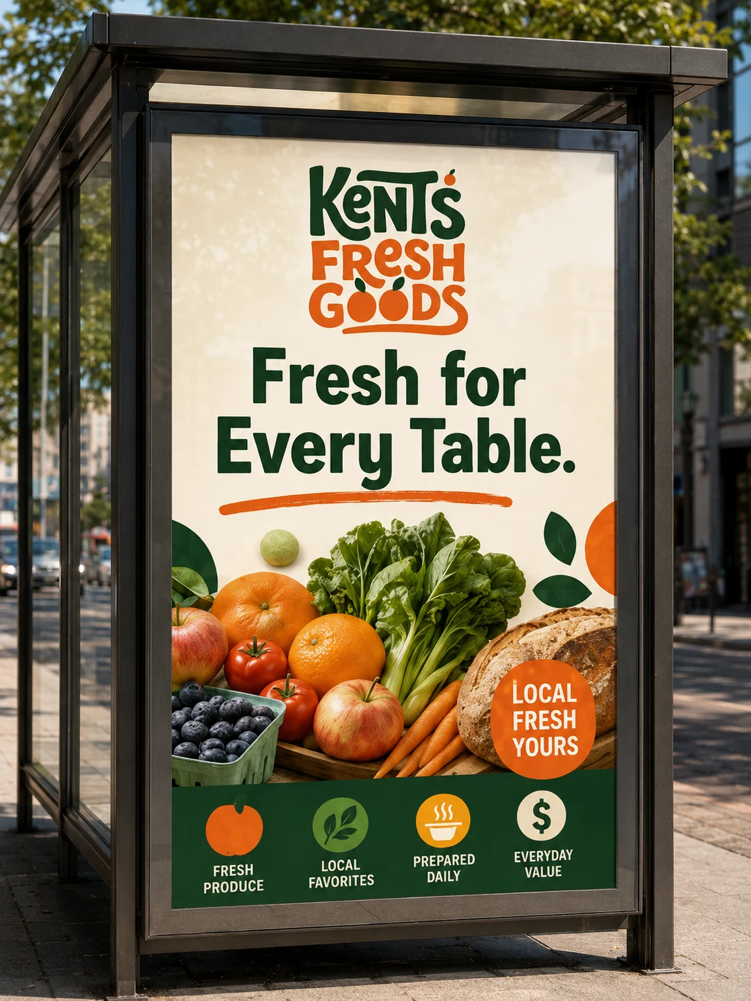 Kent's Fresh Goods transit-shelter poster, Fresh for Every Table, over a produce spread