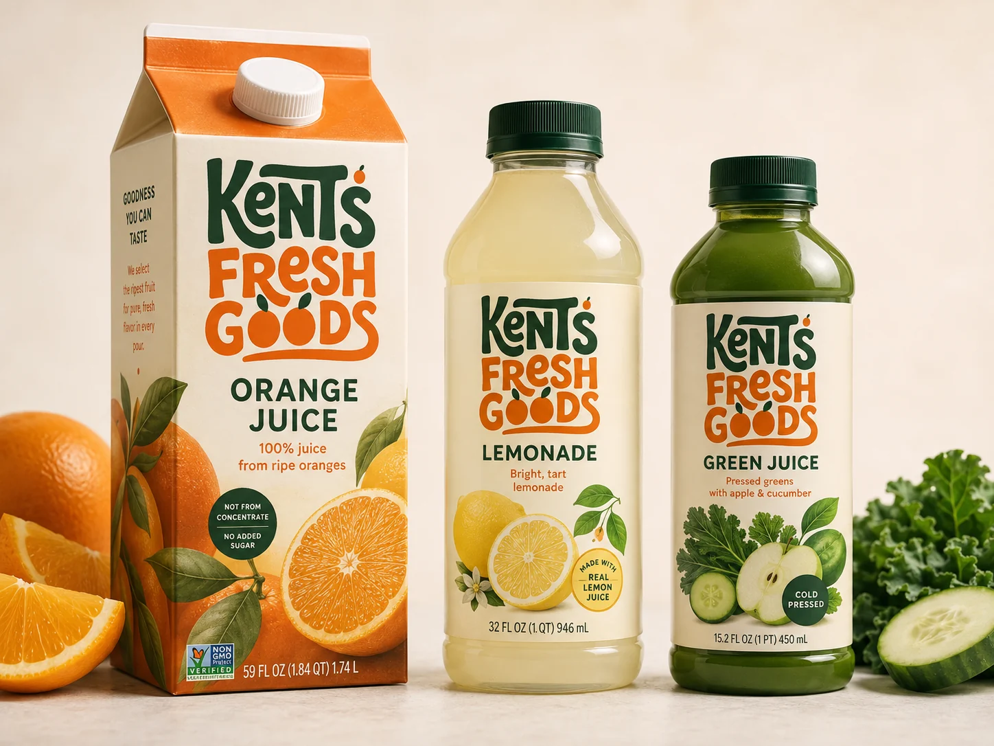 Kent's Fresh Goods orange juice carton, lemonade, and cold-pressed green juice