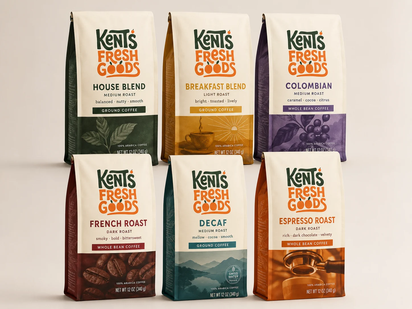 Kent's Fresh Goods coffee line, six roasts in cream bags