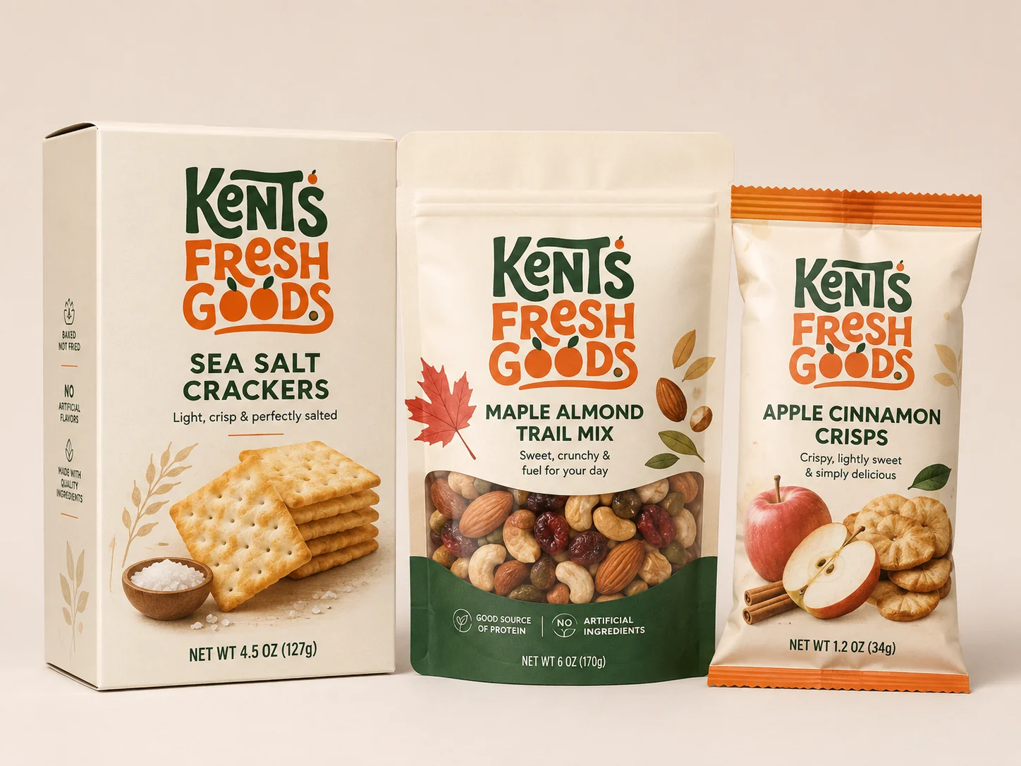 Kent's Fresh Goods sea salt crackers, trail mix, and crisps
