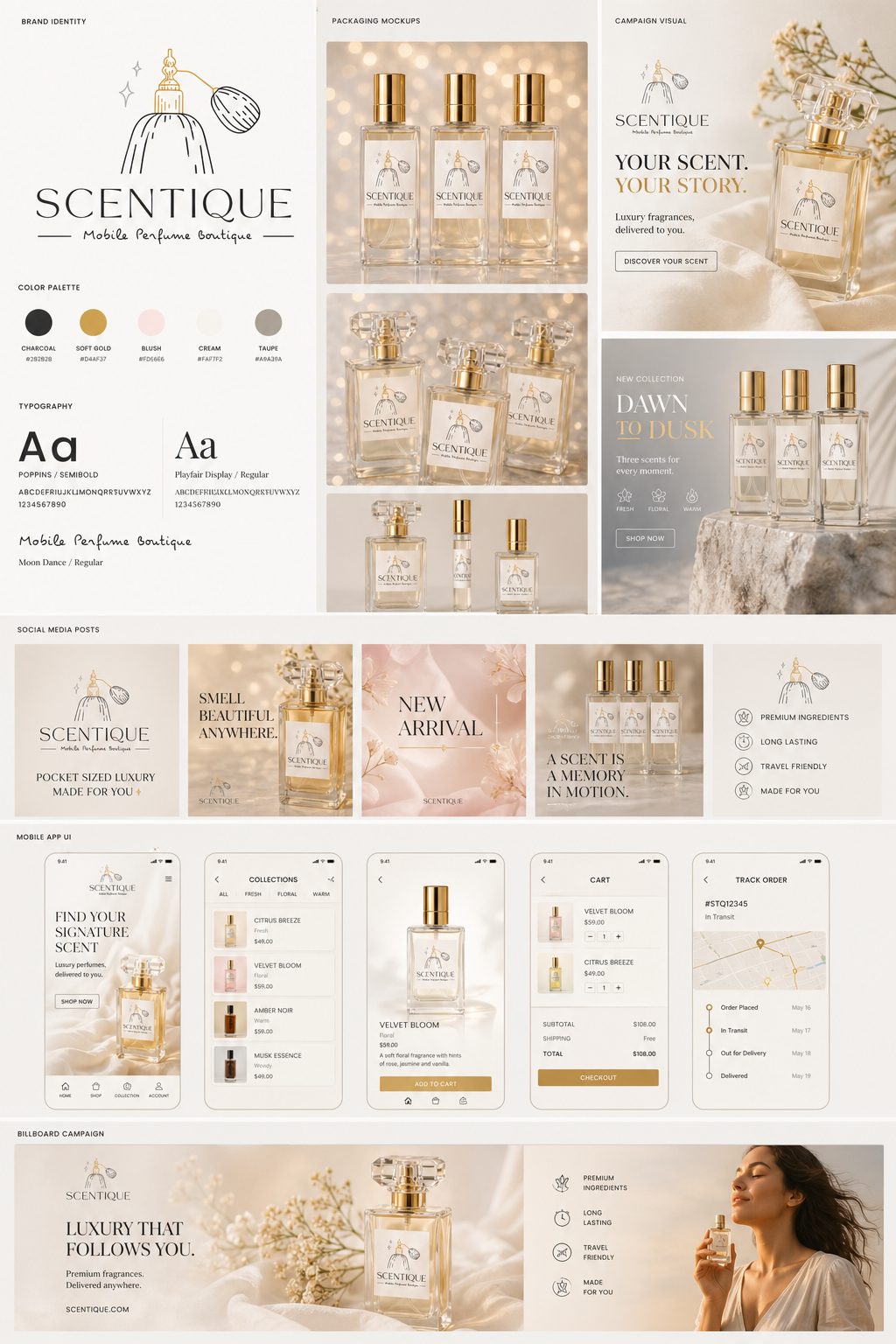 Scentique full brand board, identity, packaging, web and billboard applications