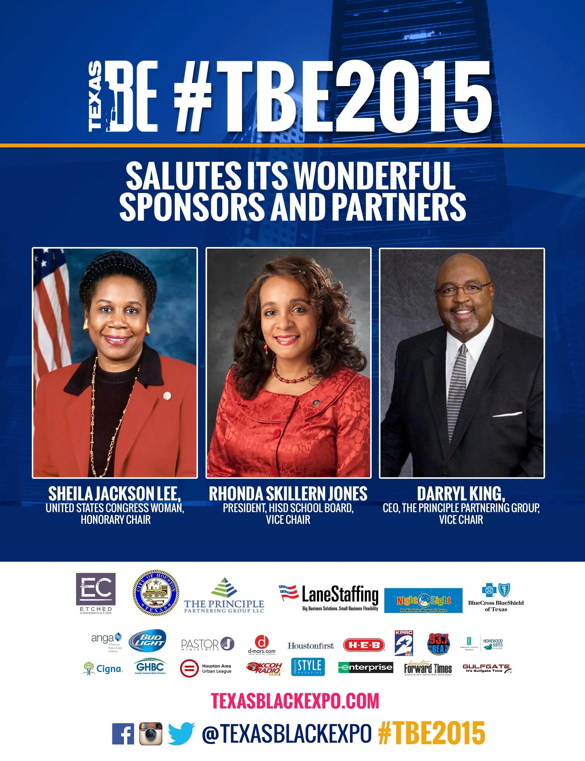 Texas Black Expo #TBE2015 sponsor salute flyer honoring partners including Sheila Jackson Lee, Rhonda Skillern Jones, and Darryl King