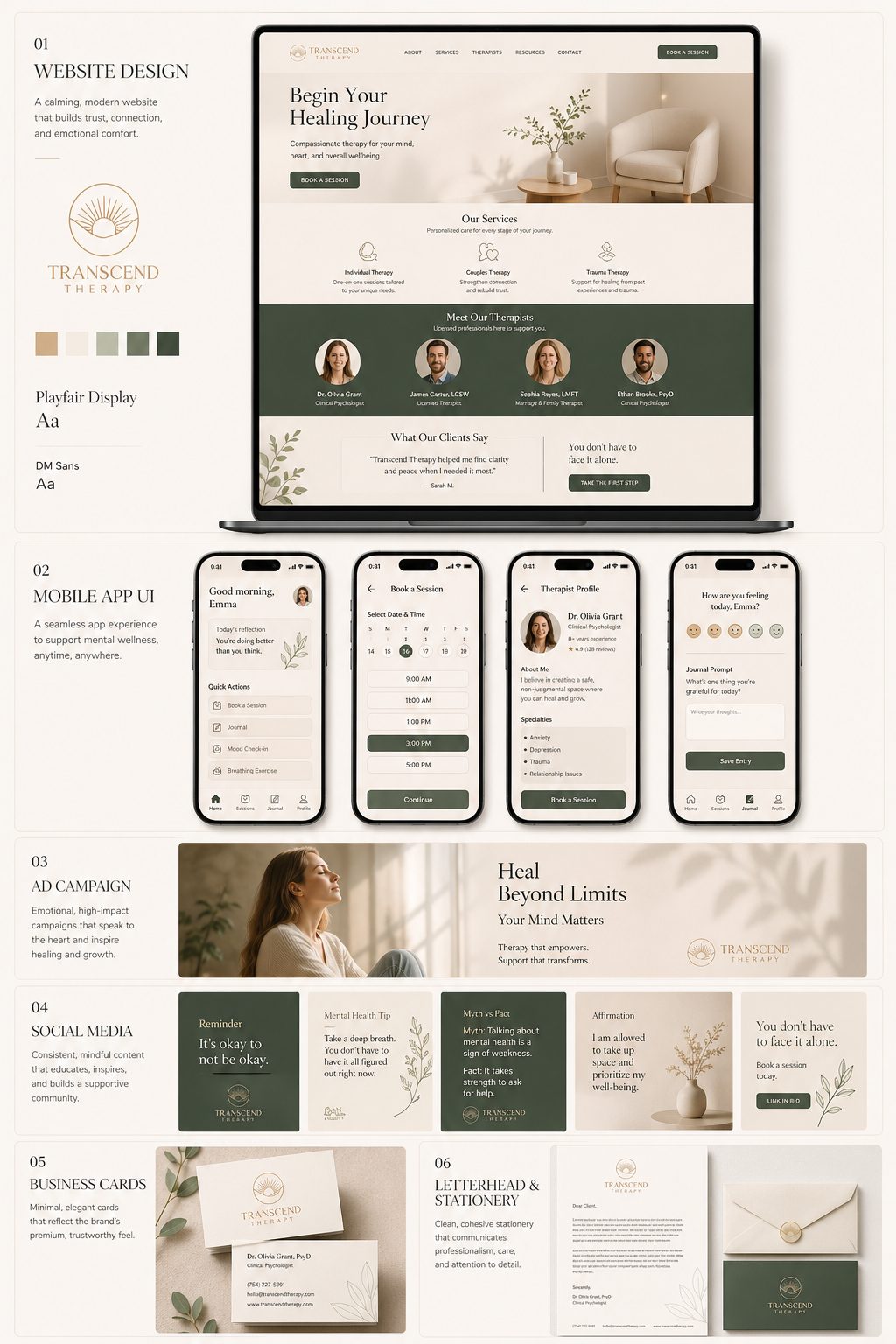 Transcend Therapy, wellness brand system, web mockup
